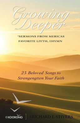 A serene and inspirational book cover design titled 'Growing Deeper: Sermons from America's Favorite Hymns', featuring a beautiful landscape with a sunrise over rolling hills