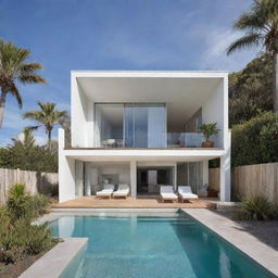 A small modern beach house with a compact pool in the front, designed with a coastal chic vibe that showcases relaxed beach living.