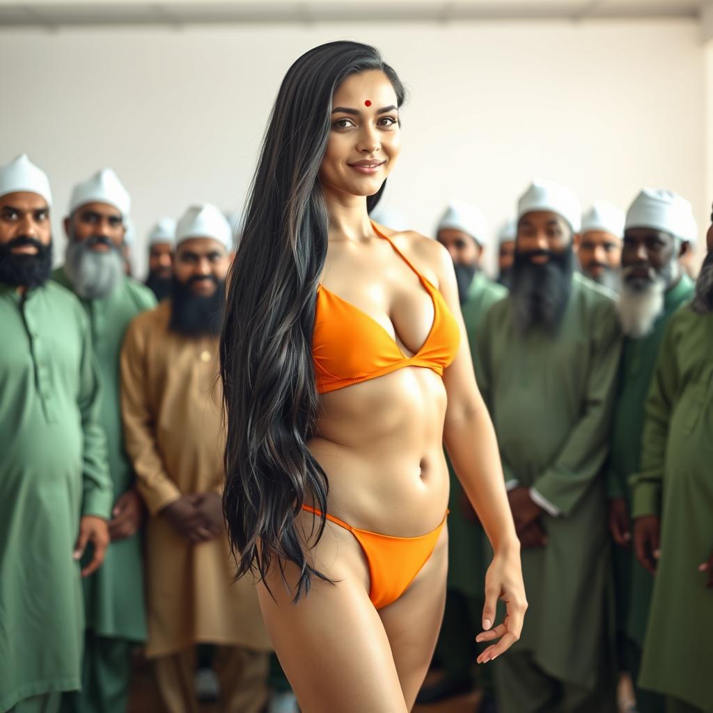 A beautiful fair-skinned Russian girl standing straight in a softly lit room, wearing a striking orange bikini complemented by a red bindi dot on her forehead