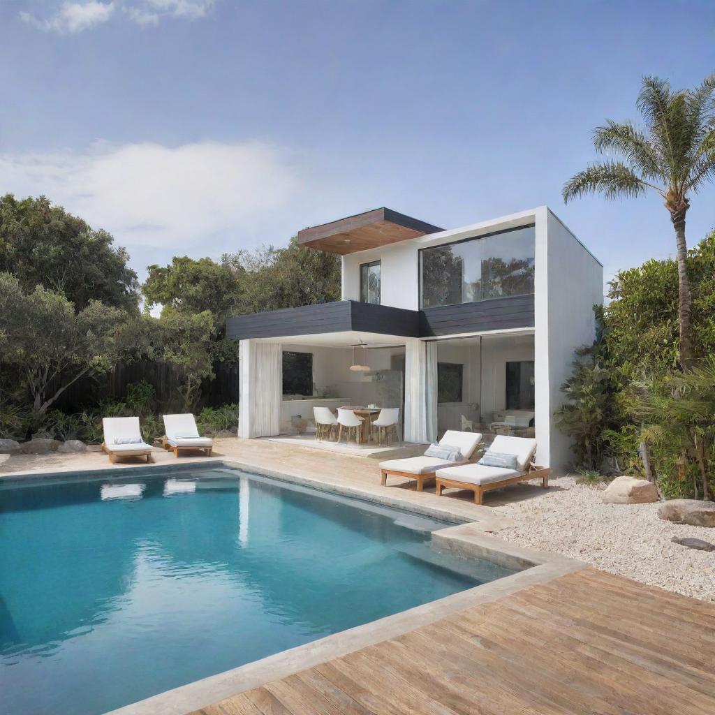 A small modern beach house with a compact pool in the front, designed with a coastal chic vibe that showcases relaxed beach living.