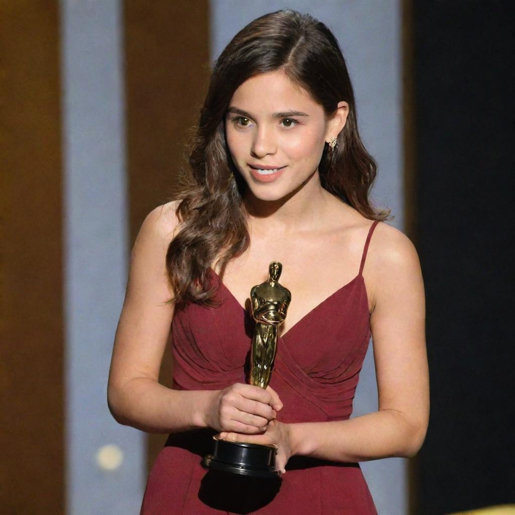 Latina teenage girl with chest-length brown hair on stage giving a speech, clutching her Oscar award.