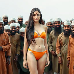 A beautiful fair-skinned Russian girl with pale skin, wearing an orange bikini and a red bindi dot on her forehead