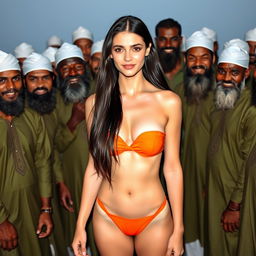 A beautiful fair-skinned Russian girl with pale skin, wearing an orange bikini and a red bindi dot on her forehead