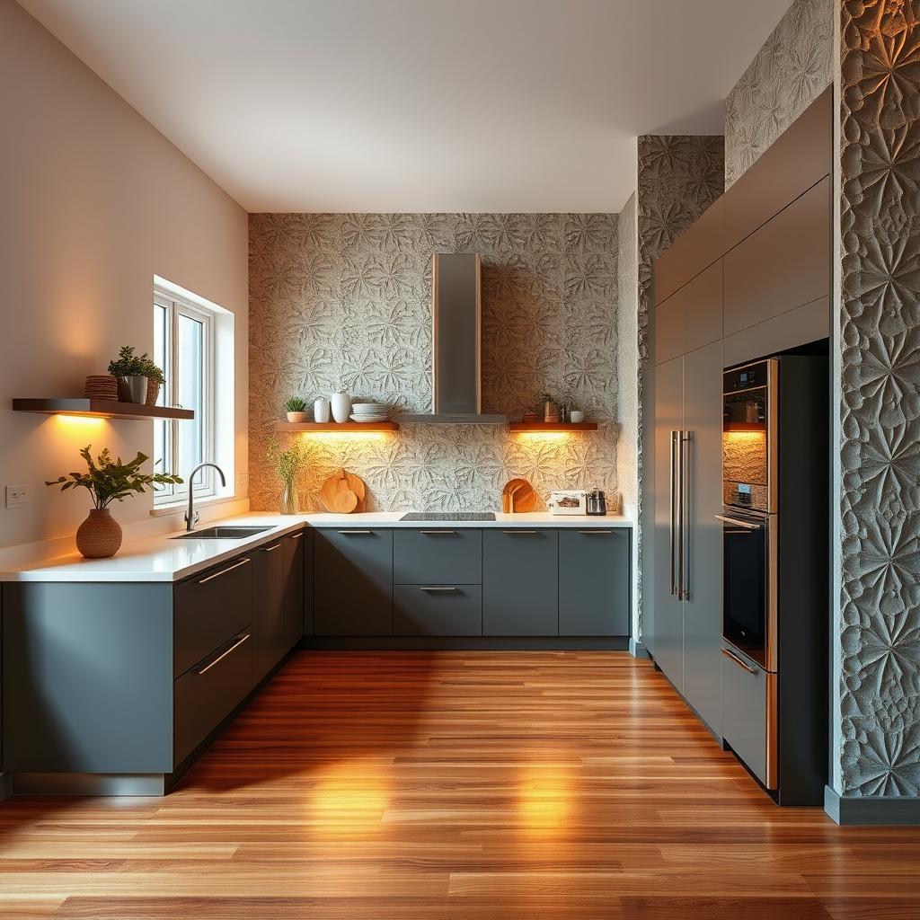 A modern kitchen featuring textured wall covering, with a stylish and contemporary design