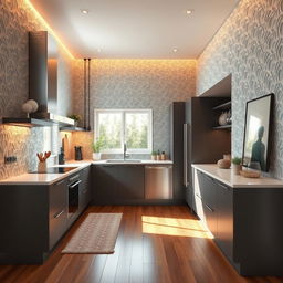 A modern kitchen featuring textured wall covering, with a stylish and contemporary design