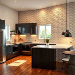 A modern kitchen featuring textured wall covering, with a stylish and contemporary design