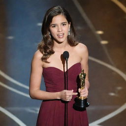 Latina teenage girl with chest-length brown hair on stage giving a speech, clutching her Oscar award.