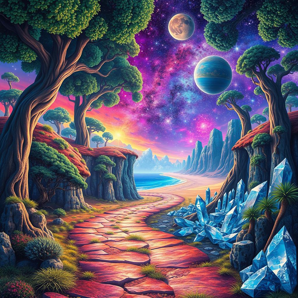 An artistic representation of parallel dimensions, featuring vibrant and surreal landscapes that blend together