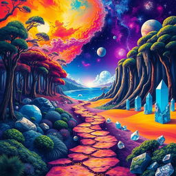 An artistic representation of parallel dimensions, featuring vibrant and surreal landscapes that blend together