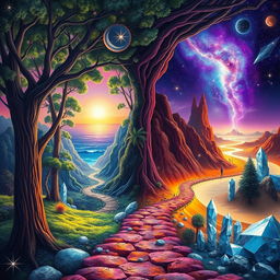 An artistic representation of parallel dimensions, featuring vibrant and surreal landscapes that blend together