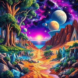 An artistic representation of parallel dimensions, featuring vibrant and surreal landscapes that blend together