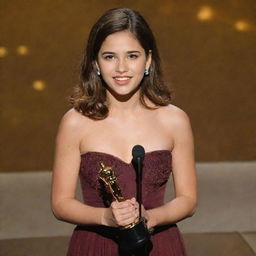 Latina teenage girl with chest-length brown hair on stage giving a speech, clutching her Oscar award.