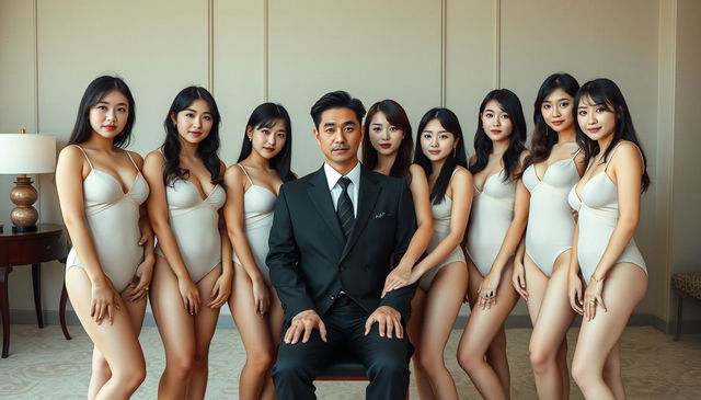 A group of seven young women with East Asian features, dressed in matching light-colored lingerie, standing closely around a man seated at the center of the group