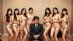 A group of seven young women with East Asian features, dressed in matching light-colored lingerie, standing closely around a man seated at the center of the group