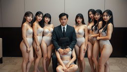 A group of seven young women with East Asian features, dressed in matching light-colored lingerie, standing closely around a man seated at the center of the group