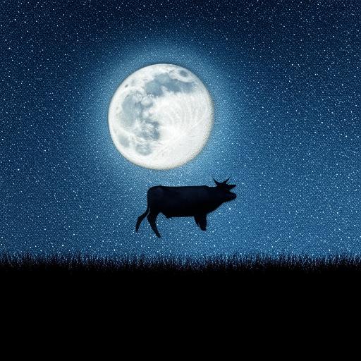 A charming scene of a jubilant cow jumping over a radiant full moon against a backdrop of a starry night sky.