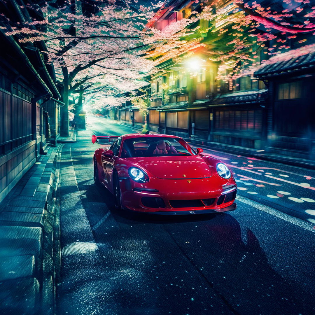 A Porsche GT3 driving through historic Kyoto at twilight, captured in Yousuf Karsh's photographic style with particles floating around.