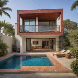 A small modern beach house with a compact front pool, embodying an Indian flair, with rich colors, intricate patterns, and traditional Indian architectural elements.