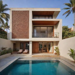 A small modern beach house with a compact front pool, embodying an Indian flair, with rich colors, intricate patterns, and traditional Indian architectural elements.