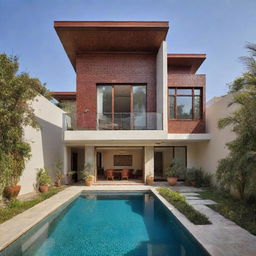 A small modern beach house with a compact front pool, embodying an Indian flair, with rich colors, intricate patterns, and traditional Indian architectural elements.