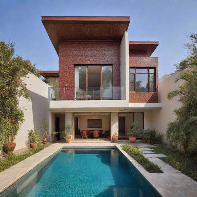 A small modern beach house with a compact front pool, embodying an Indian flair, with rich colors, intricate patterns, and traditional Indian architectural elements.