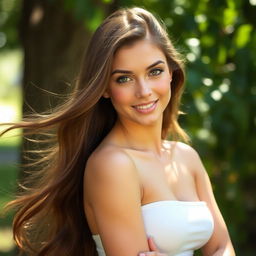 A stunningly beautiful young woman with long flowing hair, posing confidently in a natural outdoor setting, surrounded by lush greenery and soft sunlight filtering through the leaves