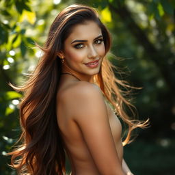 A stunningly beautiful young woman with long flowing hair, posing confidently in a natural outdoor setting, surrounded by lush greenery and soft sunlight filtering through the leaves