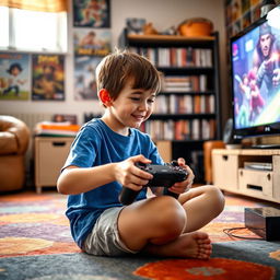 A young boy immersed in playing on a PlayStation 2, sitting cross-legged on a colorful carpet