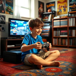 A young boy immersed in playing on a PlayStation 2, sitting cross-legged on a colorful carpet