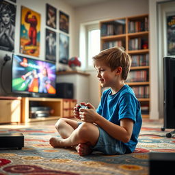 A young boy immersed in playing on a PlayStation 2, sitting cross-legged on a colorful carpet