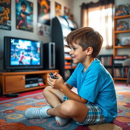 A young boy immersed in playing on a PlayStation 2, sitting cross-legged on a colorful carpet