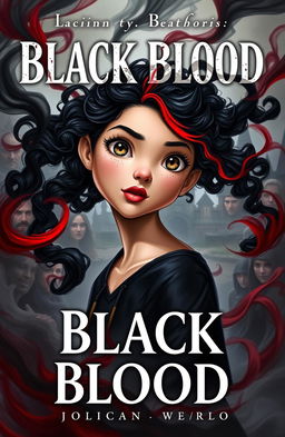 A fantasy book cover titled 'Black Blood', featuring a girl with magical powers depicted as swirling black and red smoke around her