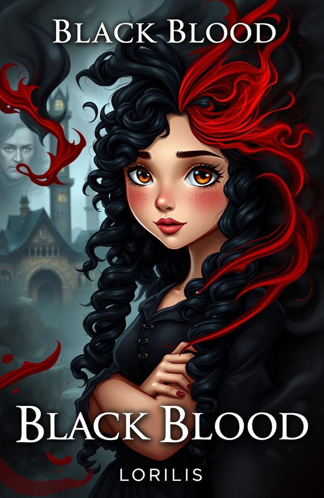 A fantasy book cover titled 'Black Blood', featuring a girl with magical powers depicted as swirling black and red smoke around her