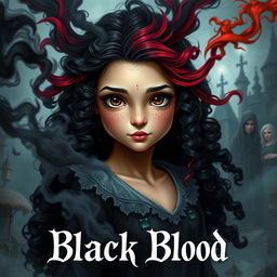 A realistic fantasy book cover titled 'Black Blood', featuring a girl with magical powers represented as swirling black and red smoke around her