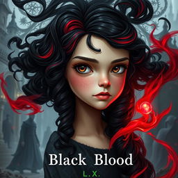 A realistic fantasy book cover titled 'Black Blood', featuring a girl with magical powers represented as swirling black and red smoke around her