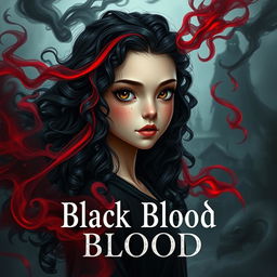 A realistic fantasy book cover titled 'Black Blood', featuring a girl with magical powers represented as swirling black and red smoke around her