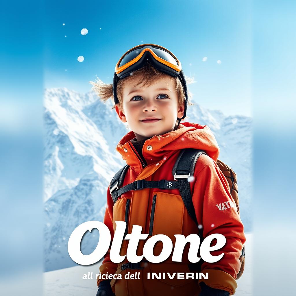 A movie cover for "Ottone alla ricerca dell'inverno" featuring a young boy equipped with mountain gear standing in front of a snow-capped mountain