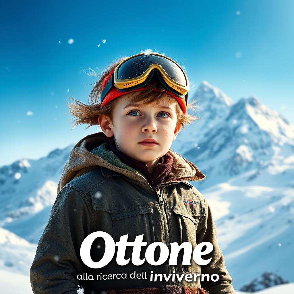 A movie cover for "Ottone alla ricerca dell'inverno" featuring a young boy equipped with mountain gear standing in front of a snow-capped mountain