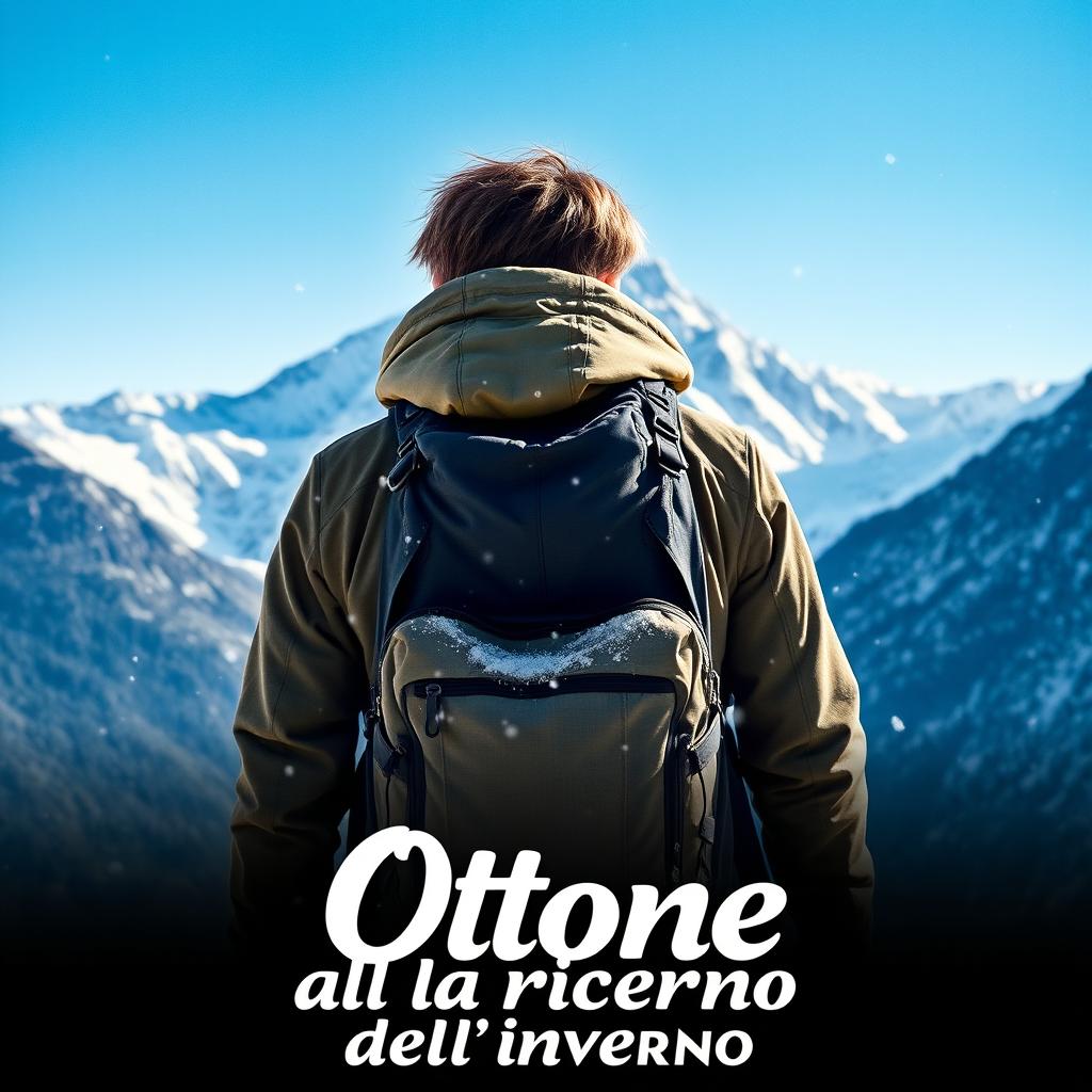 A movie cover for "Ottone alla ricerca dell'inverno" featuring a teenager viewed from behind, wearing mountain gear standing in front of a snow-covered mountain