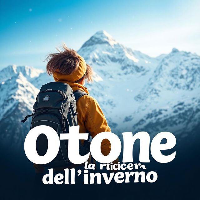 A movie cover for "Ottone alla ricerca dell'inverno" featuring a teenager viewed from behind, wearing mountain gear standing in front of a snow-covered mountain