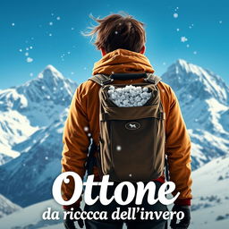 A movie cover for "Ottone alla ricerca dell'inverno" featuring a teenager viewed from behind, wearing mountain gear standing in front of a snow-covered mountain