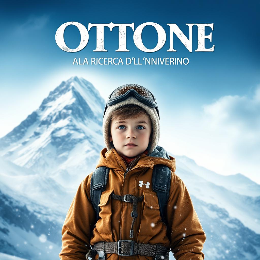 A movie cover for 'Ottone alla ricerca dell'inverno', featuring a young boy dressed in mountain gear, standing in front of a snow-capped mountain