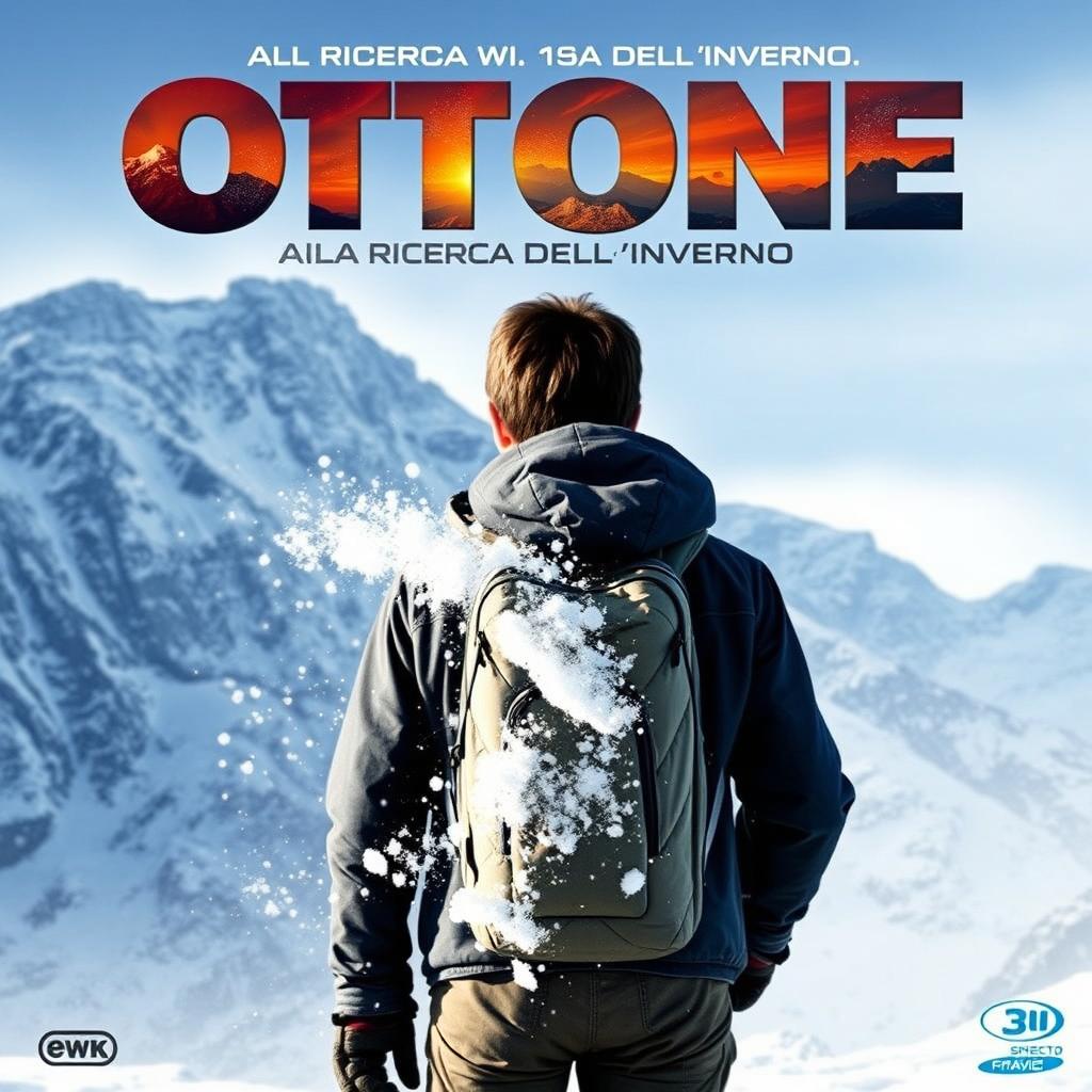 A movie cover for 'Ottone alla ricerca dell'inverno', featuring a teenager seen from behind, wearing mountain gear, standing in front of a snow-covered mountain