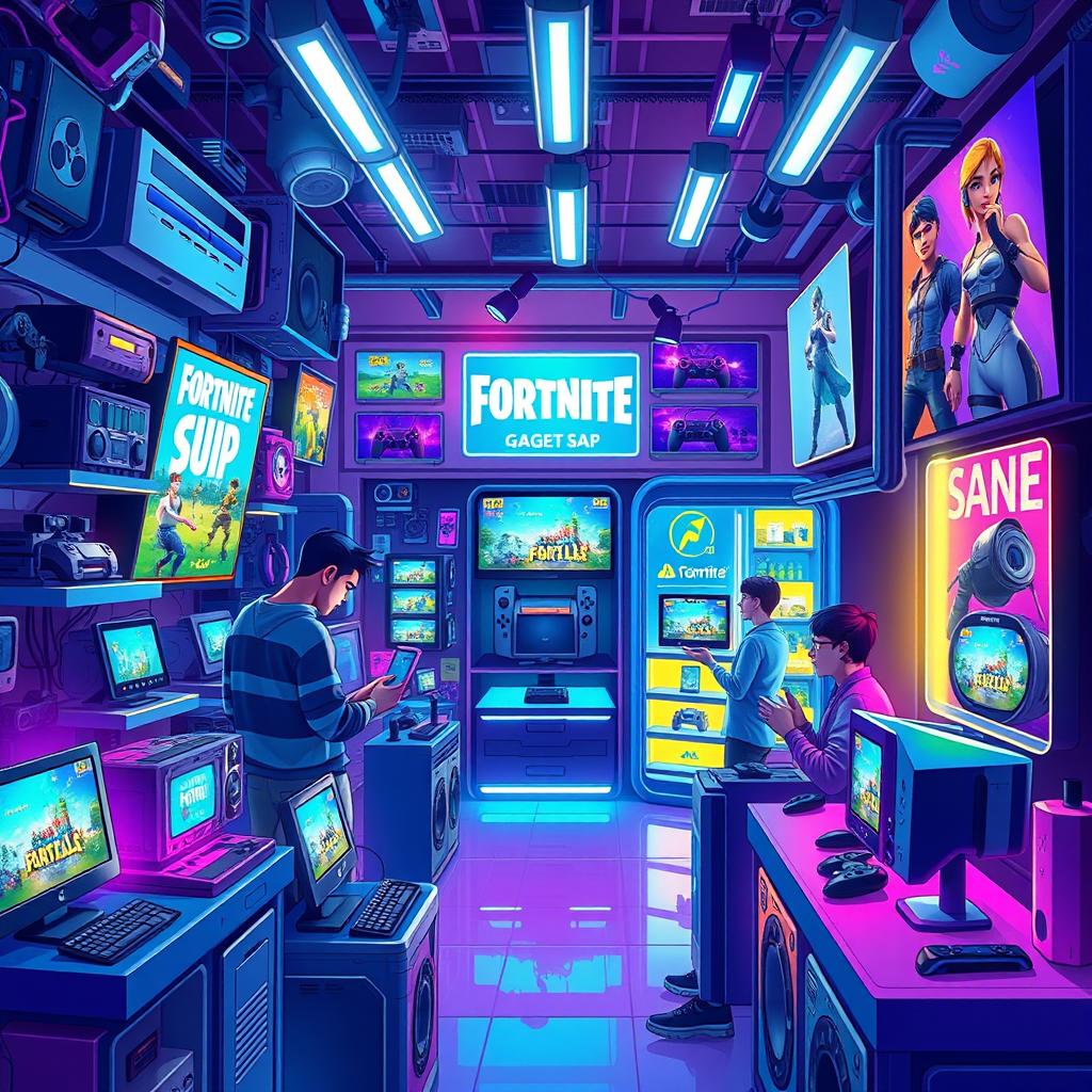 A vibrant and colorful digital artwork illustrating a futuristic gadgets shop filled with high-tech gaming gear, including various models of gaming consoles and accessories, glowing screens displaying Fortnite gameplay, and excited gamers trying out the equipment