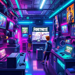 A vibrant and colorful digital artwork illustrating a futuristic gadgets shop filled with high-tech gaming gear, including various models of gaming consoles and accessories, glowing screens displaying Fortnite gameplay, and excited gamers trying out the equipment