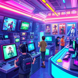 A vibrant and colorful digital artwork illustrating a futuristic gadgets shop filled with high-tech gaming gear, including various models of gaming consoles and accessories, glowing screens displaying Fortnite gameplay, and excited gamers trying out the equipment