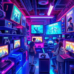 A vibrant and colorful digital artwork illustrating a futuristic gadgets shop filled with high-tech gaming gear, including various models of gaming consoles and accessories, glowing screens displaying Fortnite gameplay, and excited gamers trying out the equipment