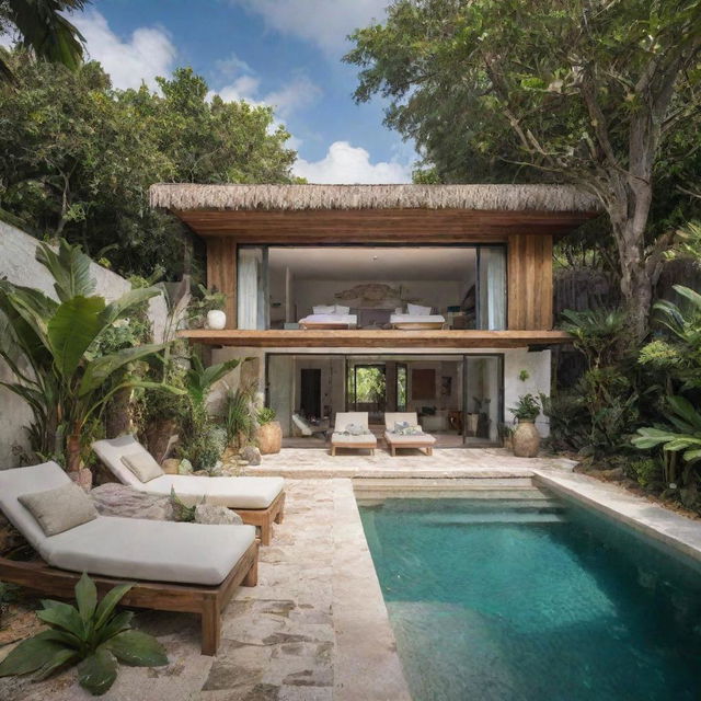 A small modern beach house with a compact front pool, exuding Tulum vibes, featuring natural materials, tropical plants and a bohemian aesthetic.