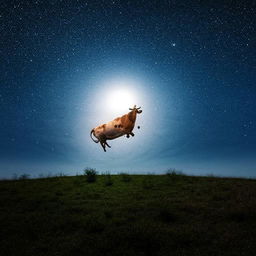 A charming scene of a jubilant cow jumping over a radiant full moon against a backdrop of a starry night sky.