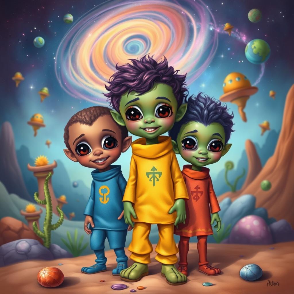 A whimsical and imaginative depiction of extraterrestrial children playing in a colorful alien landscape